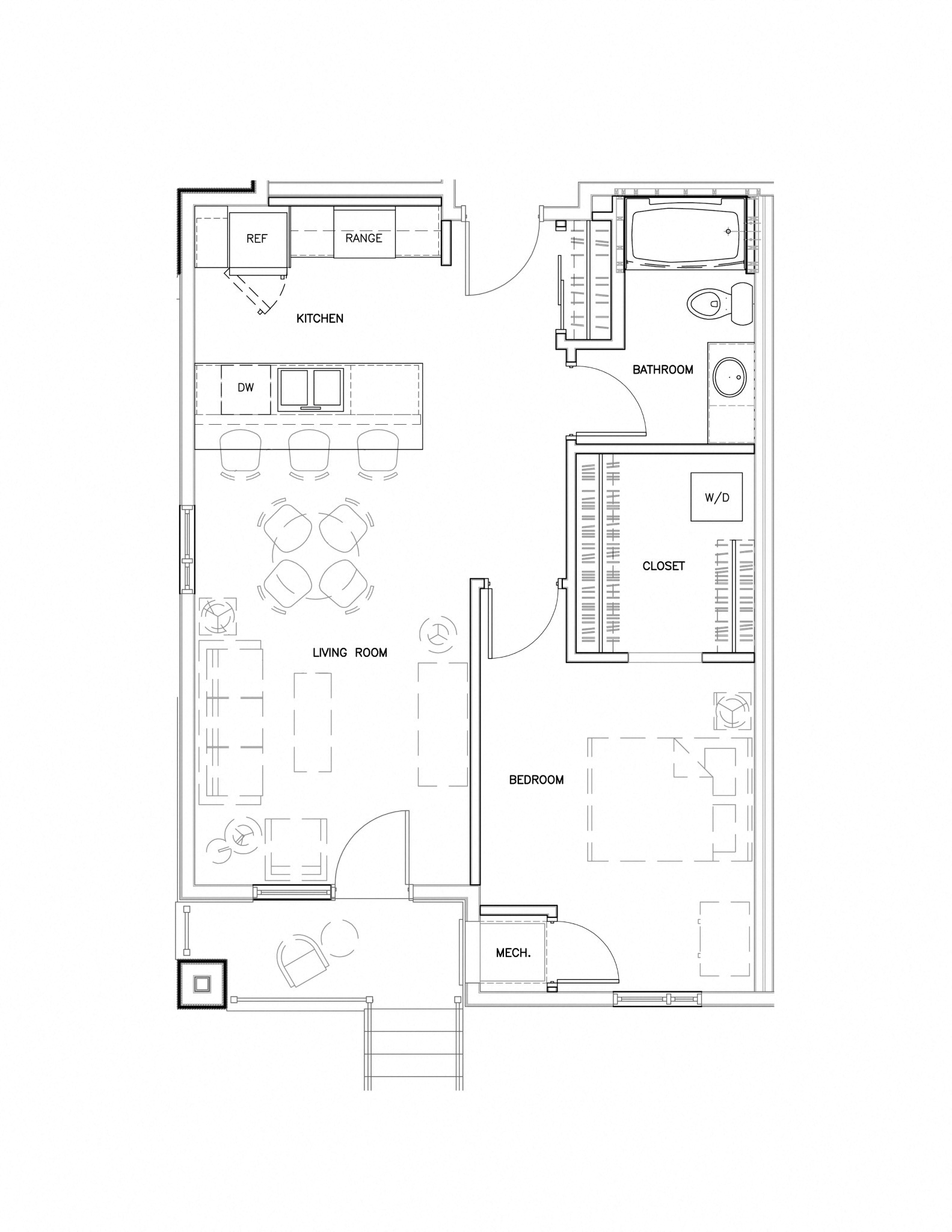 Floor plan for 1 bed, 1 bath, 745 sqft